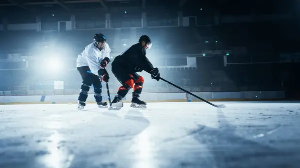 Ice Hockey Rink Arena Two Young Players Training Learning Stick — Stock Photo, Image