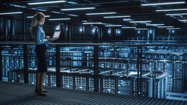 Data Center Kadın Uzmanı Dizüstü bilgisayar kullanıyor. Sunucu Çiftliği Bulut Bilgisayarı ve Bilgisayar 'da Tanılama Yapan Siber Güvenlik Bakım Yöneticisi. Bilgi Teknolojisi Profesyoneli.