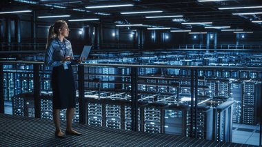 Data Center Kadın Uzmanı Dizüstü bilgisayar kullanıyor. Sunucu Çiftliği Bulut Bilgisayarı ve Bilgisayar 'da Tanılama Yapan Siber Güvenlik Bakım Yöneticisi. Bilgi Teknolojisi Profesyoneli.