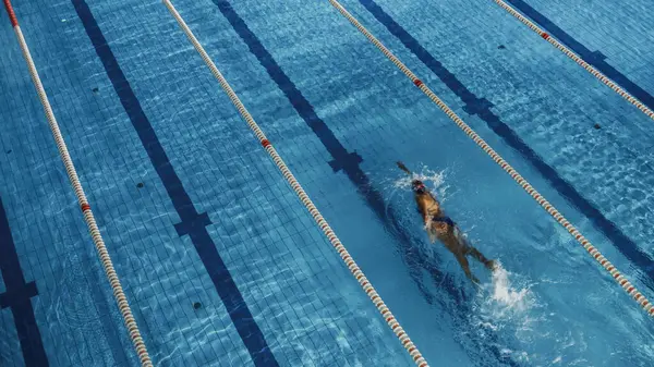 肌肉发达的男子游泳运动员站在起跳台上 准备跳入游泳池 健康的职业田径训练为锦标赛 被太阳耀斑射中 — 图库照片