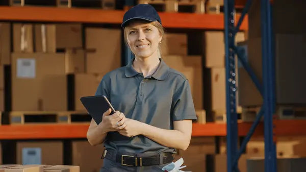 Logistics Retailer Warehouse Manager Using Tablet Computer Diverse Workers Loading — Stock Photo, Image