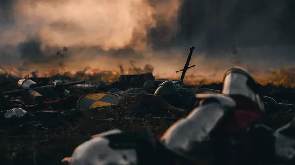 Epische Armeen Mittelalterlicher Ritter Auf Dem Schlachtfeld Prallen Aufeinander Panzerkrieger — Stockfoto