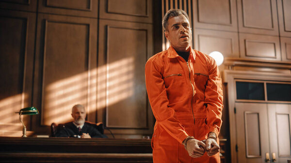 Суд и судебное разбирательство: портрет обвиняемого мужчины-преступника в оранжевом комбинезоне, дающего показания судье, присяжным. Речь правонарушителя отрицает обвинения, умоляет, просит о помиловании.