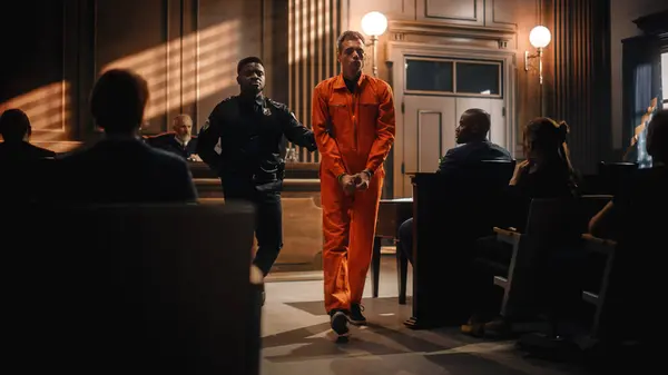 Gerichtsverhandlung Kino Porträt Eines Angeklagten Traurigen Männlichen Verbrechers Orangefarbenem Overall — Stockfoto