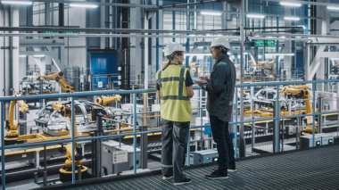 Erkek Uzman ve Kadın Araba Fabrikası Yüksek Görüş Yelekleri Mühendisi Tablet Bilgisayar kullanıyor. Otomotiv Endüstriyel Üretim Tesisi Araç Üretimi üzerine çalışıyor. Assembly Plant 'ta Çeşitlilik.
