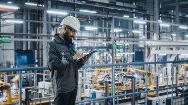Araba Fabrikası Mühendisi Üniformalı Tablet Bilgisayar kullanıyor. Otomotiv Endüstrisi 4.0 Üretim Tesisi Robotik Silah Teknolojisi ile Araç Üretimi üzerine çalışıyor. Otomatik Kurulum Tesisi.