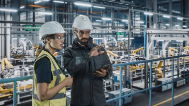 Erkek Uzman ve Kadın Araba Fabrikası Yüksek Görüş Yelekleri Mühendisi Tablet Bilgisayar kullanıyor. Otomotiv Endüstriyel Üretim Tesisi Araç Üretimi üzerine çalışıyor. Assembly Plant 'ta Çeşitlilik.