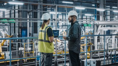 Erkek Uzman ve Kadın Araba Fabrikası Yüksek Görüş Yelekleri Mühendisi Dizüstü bilgisayar kullanıyor. Otomotiv Endüstriyel Üretim Tesisi Araç Üretimi üzerine çalışıyor. Assembly Plant 'ta Çeşitlilik.