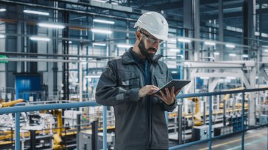Otomotiv Endüstrisi Güvenlik Gözlüğü Mühendisi ve Otomobil Fabrikası 'nda Dizüstü Bilgisayar Kullanımı. Modern elektrikli araçların imalatı üzerine çalışan Profesyonel Kurul Bitki Uzmanı.