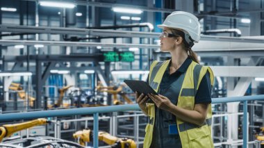 Yüksek Görüş Yelekli Kadın Araba Fabrikası Mühendisi Tablet Bilgisayar kullanıyor. Otomotiv Endüstriyel Üretim Tesisi Robot Teknolojisi ile Araç Üretimi üzerine çalışıyor. Otomatik Kurulum Tesisi.