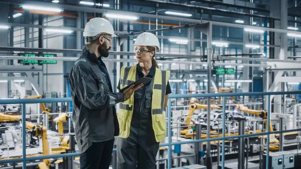 Erkek Uzman ve Kadın Araba Fabrikası Yüksek Görüş Yelekleri Mühendisi Tablet Bilgisayar kullanıyor. Otomotiv Endüstriyel Üretim Tesisi Araç Üretimi üzerine çalışıyor. Assembly Plant 'ta Çeşitlilik.