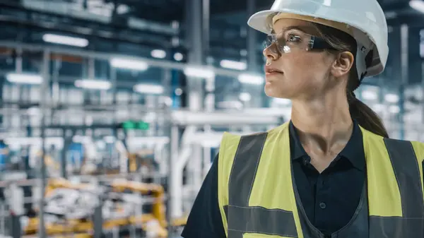 Portrait of Female Automotive Industry Engineer Wearing Safety Glasses and High Visibility Vest at Car Factory Facility. Confident Assembly Plant Specialist Working on Manufacturing Modern Vehicles.