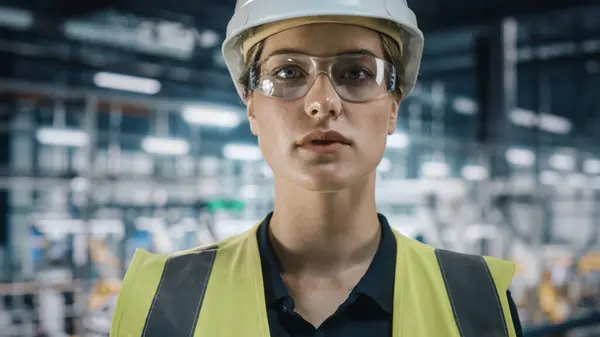 Portrait of Female Automotive Industry Engineer Putting on Safety Glasses at Car Factory Facility. Confident Assembly Plant Specialist Working on Manufacturing Modern Electric Vehicles.
