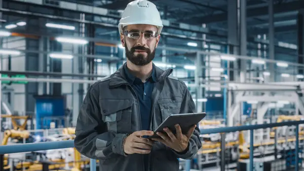 Portrait Automotive Industry Engineer Safety Glasses Uniform Using Laptop Car — Stock Photo, Image