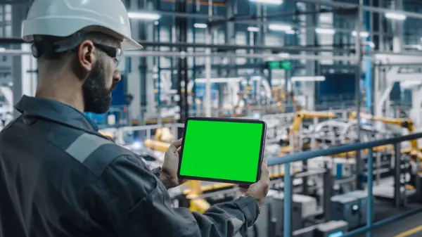 汽车制造厂工程师在工作服使用的平板电脑与绿色屏幕模拟显示 汽车工业厂房车辆生产中的增强型现实软件 — 图库照片