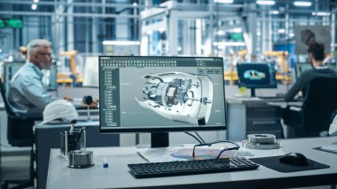 Otomobil Fabrikası Ofisi: Türbin Prototipi ile Masa Bilgisayarında, Yüksek Teknolojik Yeşil Enerji Motoru için Gelişmiş 3D Model Tasarımı. Otomatik Robot Silahlanma Hattı Üretim Tesisi