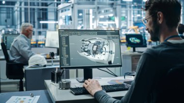 Otomobil Fabrikası: Türbin Prototipi üzerinde çalışan mühendis, Yüksek Teknolojik Yeşil Enerji Motoru için Gelişmiş 3D Model tasarladı. Otomatik Robot Silahlanma Hattı Üretim Tesisi
