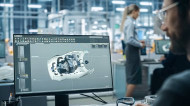Otomobil Fabrikası: Türbin Prototipi üzerinde çalışan mühendis, Yüksek Teknolojik Yeşil Enerji Motoru için Gelişmiş 3D Model tasarladı. Otomatik Robot Silahlanma Hattı Üretim Tesisi