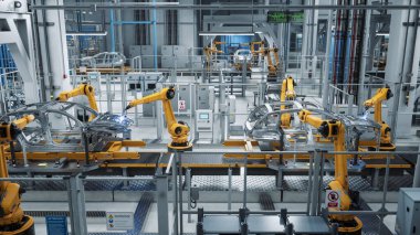 Otomatik Robot Silahlanma Hattı Gelişmiş Yüksek Teknolojik Yeşil Enerji Araçları Üretimi Konsepti. İnşaat, Bina, Kaynak Endüstrisi Üretim Taşıyıcısı.