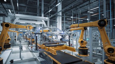 Otomatik Robot Silahlanma Hattı Yüksek Teknolojik Yeşil Enerji Elektrikli Araçlar Üretimi. Otomatik İnşaat, İnşaat, Kaynak Endüstriyel Üretim Taşıyıcısı.