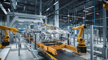 Otomatik Robot Silahlanma Hattı Yüksek Teknolojik Yeşil Enerji Elektrikli Araçlar Üretimi. Otomatik İnşaat, İnşaat, Kaynak Endüstriyel Üretim Taşıyıcısı.