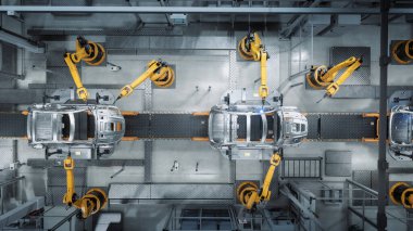 Hava Otomobil Fabrikası 3D Konsepti: Otomatik Robot Silahlanma Hattı Gelişmiş Yüksek Teknolojik Yeşil Enerji Elektrikli Araçlar Üretimi. İnşaat, Bina, Kaynak Endüstrisi Üretim Taşıyıcısı