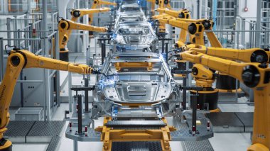 Otomatik Robot Silahlanma Hattı Yüksek Teknolojik Yeşil Enerji Elektrikli Araçlar Üretimi. Otomatik İnşaat, Bina, Kaynak Endüstriyel Üretim Taşıyıcısı. Ön Görünüm