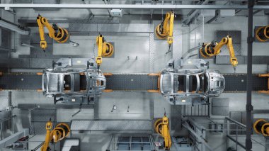 Hava Otomobil Fabrikası 3D Konsepti: Otomatik Robot Silahlanma Hattı Gelişmiş Yüksek Teknolojik Yeşil Enerji Elektrikli Araçlar Üretimi. İnşaat, Bina, Kaynak Endüstrisi Üretim Taşıyıcısı