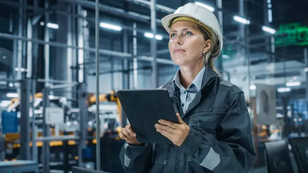 Car Factory Office: Portrait of Female Chief Engineer Wearing Hard Hat Monitoring Production Conveyor with Tablet Computer. Automated Robot Arm Assembly Line Manufacturing High-Tech Electric Vehicles