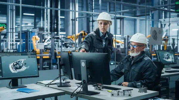 Car Factory Office Female Manager Talks Male Automotive Engineer Working — Stock Photo, Image