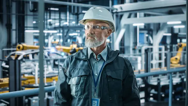 Car Factory Office Portrait Senior White Male Chief Engineer Wearing — Stock Photo, Image