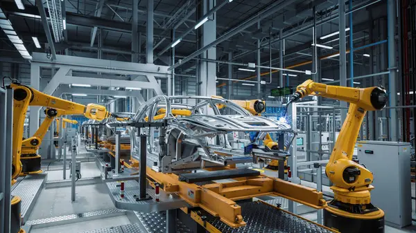Otomatik Robot Silahlanma Hattı Gelişmiş Yüksek Teknolojik Yeşil Enerji Araçları Üretimi Konsepti. İnşaat, Bina, Kaynak Endüstrisi Üretim Taşıyıcısı. Yakın plan.