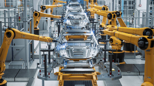 Car Factory 3D Concept: Automated Robot Arm Assembly Line Manufacturing High-Tech Green Energy Electric Vehicles. Automatic Construction, Building, Welding Industrial Production Conveyor. Front View