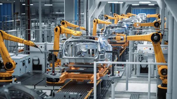 Car Factory Concept Automated Robot Arm Assembly Line Manufacturing Advanced — Stock Photo, Image