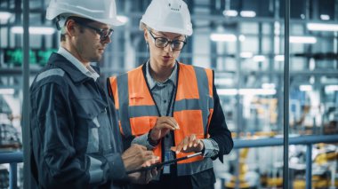 Erkek Mühendis ve Kadın Endüstriyel Ürün Tasarımcısı, Bir Otomobil Tesisinde Ofiste Tablet Kullanırken Çalışmayı Tartışıyor. Teknoloji Fabrikasında Araç Tasarımı üzerine çalışan Endüstriyel Uzmanlar.