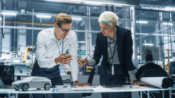 Two Young Automotive Engineers Working Office Car Factory Industrial Designer — Stock Photo, Image