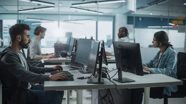 Authentic Office Enthusiastic Black Programmer Starts Working Desktop Computer Male — Stock Photo, Image