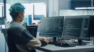 Çeşitli Ofiste: Kadın Programcı Masaüstü Bilgisayarı, Ekran Kodlama Dili Kullanıcı Arayüzünü Gösteriyor. Modern Yazılım Yaratan Dijital Girişimci, E-Ticaret Uygulama Tasarımı. Omuz üstünden.