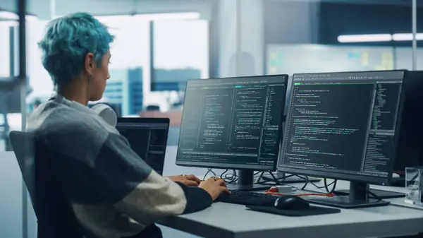 Diverse Office Female Programmer Working Desktop Computer Screen Shows Coding – stockfoto