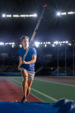 Polonyalı Atlama: Profesyonel Erkek Sporcu Dünya Şampiyonası 'nda Polonyalıyla Atlama Çubuğuna Koşu. Spor Başarı Deneyimi ile Büyük Stadyum Yarışması Atışı