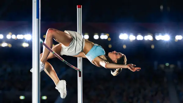 High Jump Championship Professionele Vrouwelijke Atleet Wereldkampioenschap Succesvol Springen Bar — Stockfoto