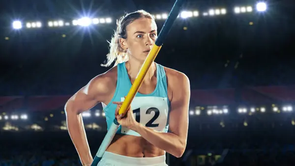 Pole Vault Jumping Portret Van Professionele Vrouwelijke Atleet Het Wereldkampioenschap — Stockfoto