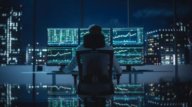 Gerçek zamanlı hisse senetleri, emtialar ve borsa grafikleri ile birlikte Multi-Monitor Workstation ile bilgisayar üzerinde çalışan finansal analist. Bir Banka Ofisinde Bir Sonraki Yatırım Ticareti Müzakeresi.