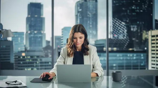 Static Portrait Successful Caucasian Businesswoman Sitting Her Desk Working Laptop – stockfoto