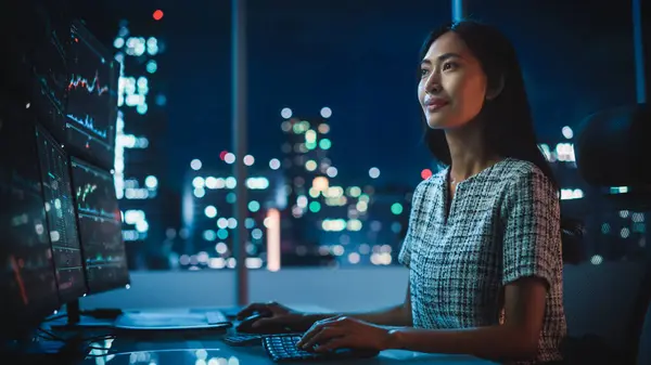 金融分析师与多台实时股票 大宗商品和外汇市场图表监控工作站在计算机上工作的肖像 在投资经纪公司工作的女商人 — 图库照片