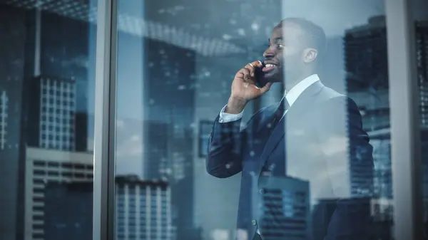 Portrait Successful Black Businessman Standing Office Making Phone Call Close Royalty Free Stock Images