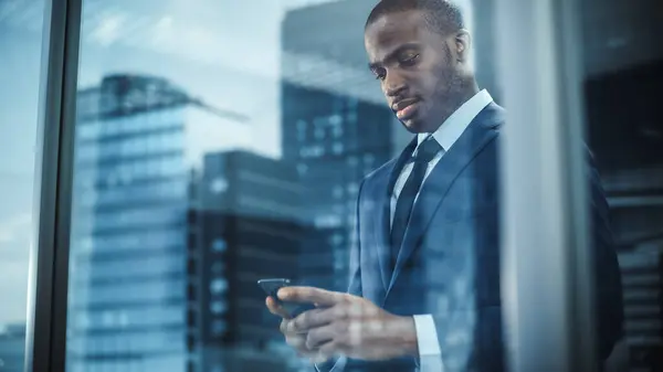 Portrait Successful Black Businessman Standing Office Making Phone Call Close Stock Photo