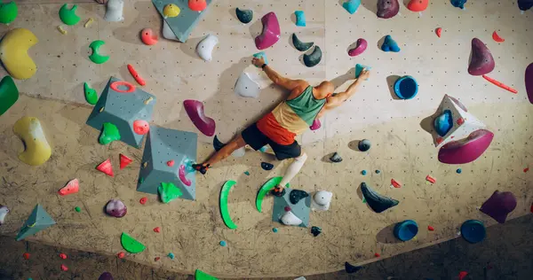 Strong Experienced Rock Climber Practicing Solo Climbing Bouldering Wall Gym Royalty Free Stock Photos