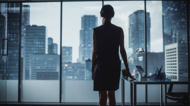 Şehir merkezindeki Big City 'de camdan dışarı bakan şık elbiseli başarılı bir iş kadını. Finansal Projeler 'de çalışan kendine güvenen kadın CEO. İş Planlama Pazarlama Kampanyası Müdürü.