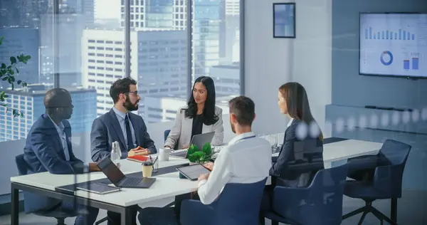 Modern Office Business Meeting Black Businessman Asian Businesswoman Businesspeople Working — Stock Photo, Image